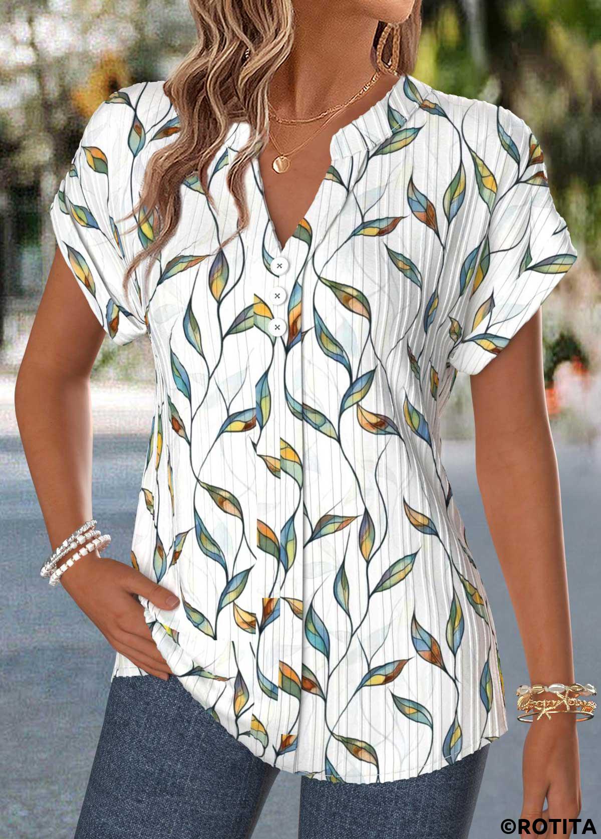 Raw white tops,Floral tops,Plants tops,ROTITA Patchwork Floral Print Raw White Split Neck T Shirt