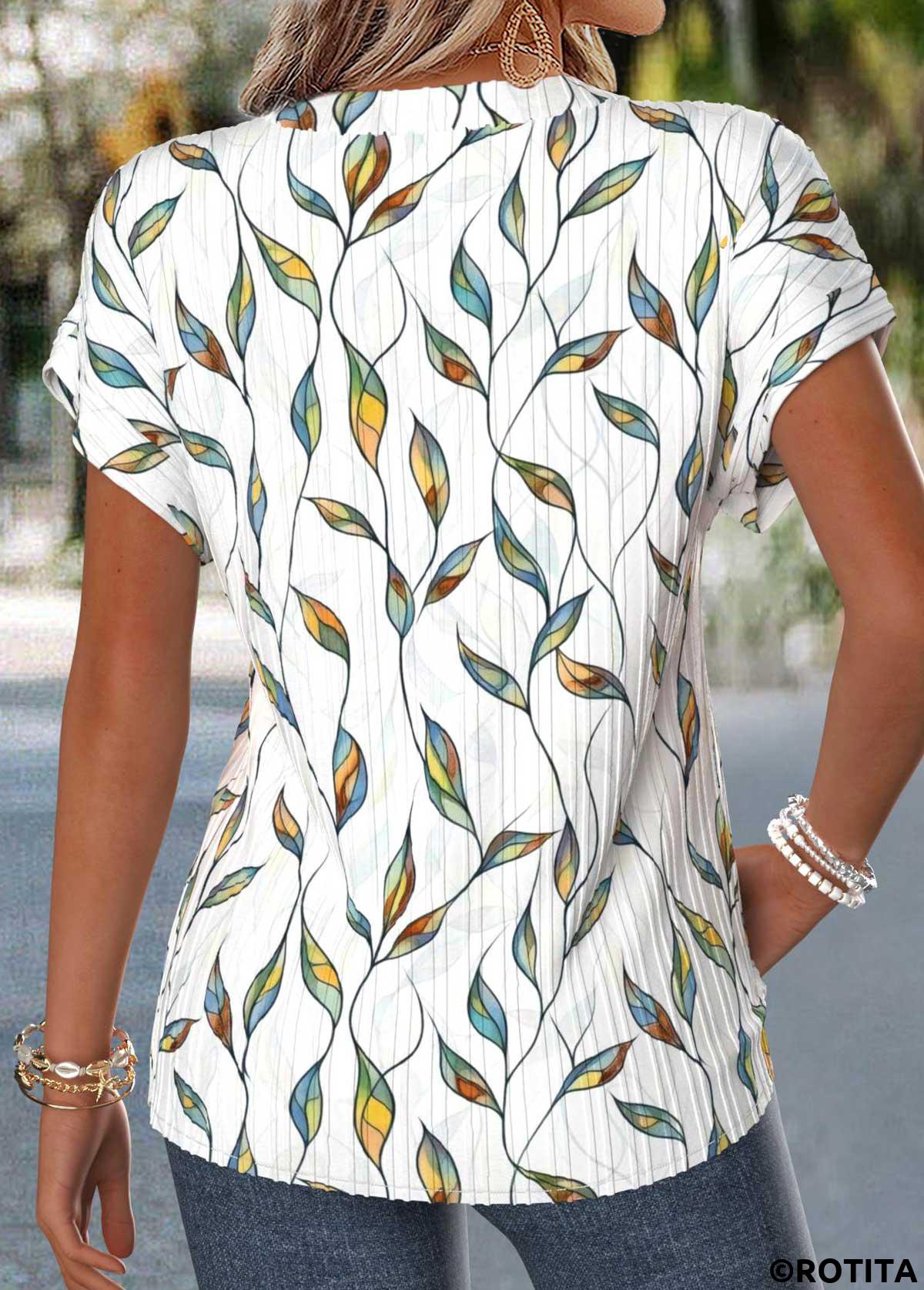 Raw white tops,Floral tops,Plants tops,ROTITA Patchwork Floral Print Raw White Split Neck T Shirt