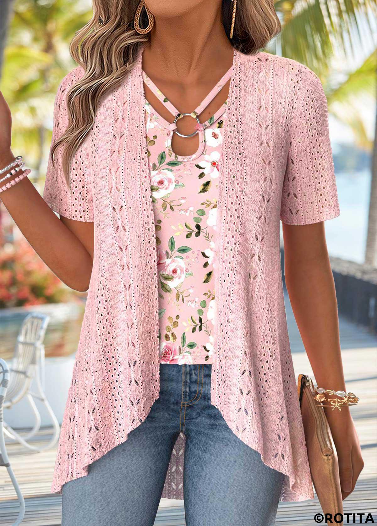 Light Pink tops,Floral tops,Plants tops,ROTITA Floral Print Light Pink Fake Two Piece Twinset