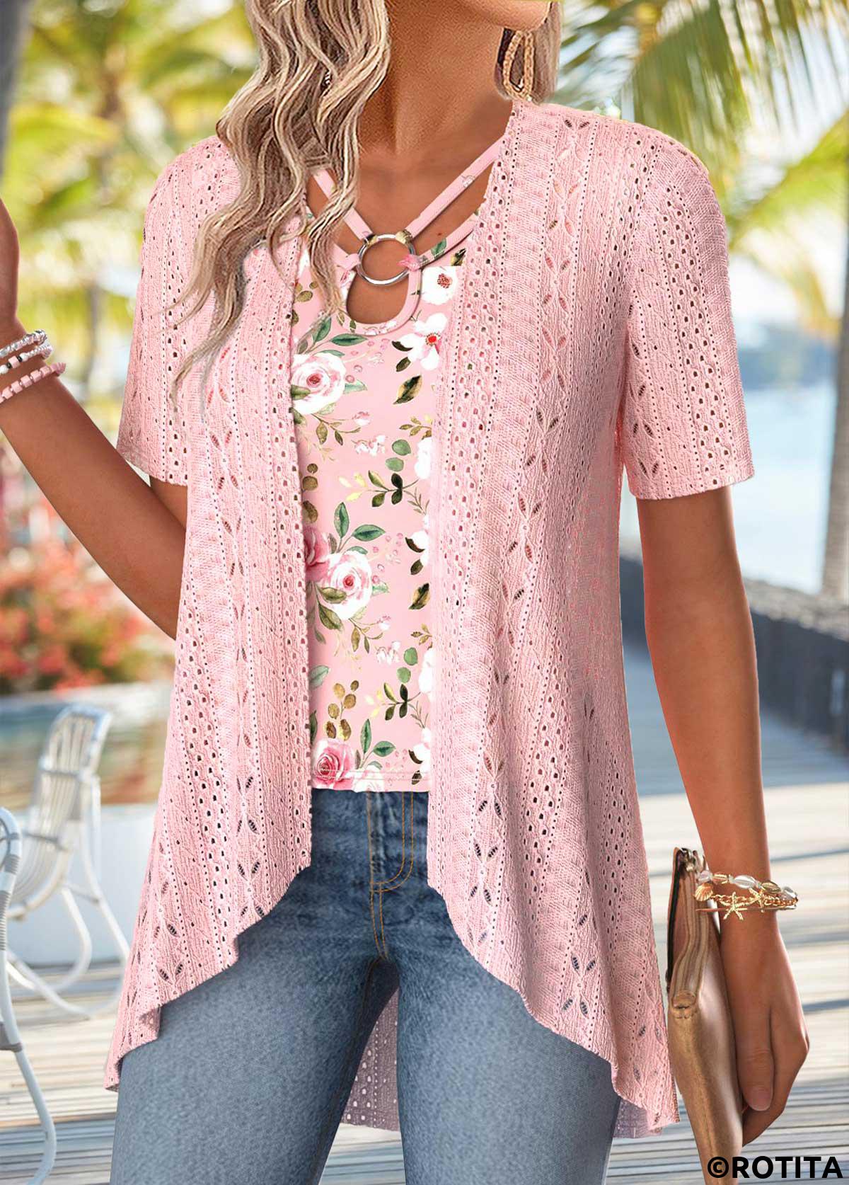 Light Pink tops,Floral tops,Plants tops,ROTITA Floral Print Light Pink Fake Two Piece Twinset