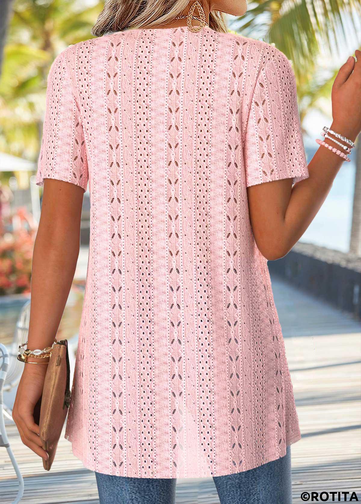 Light Pink tops,Floral tops,Plants tops,ROTITA Floral Print Light Pink Fake Two Piece Twinset