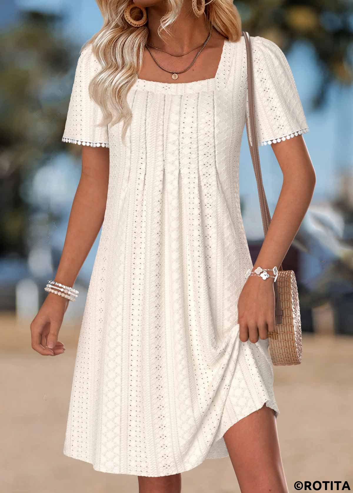 Beige dresses,Plain Color dresses,Vacation dresses,Vacation dresses,ROTITA Beige Tummy Coverage Short Square Neck Dress