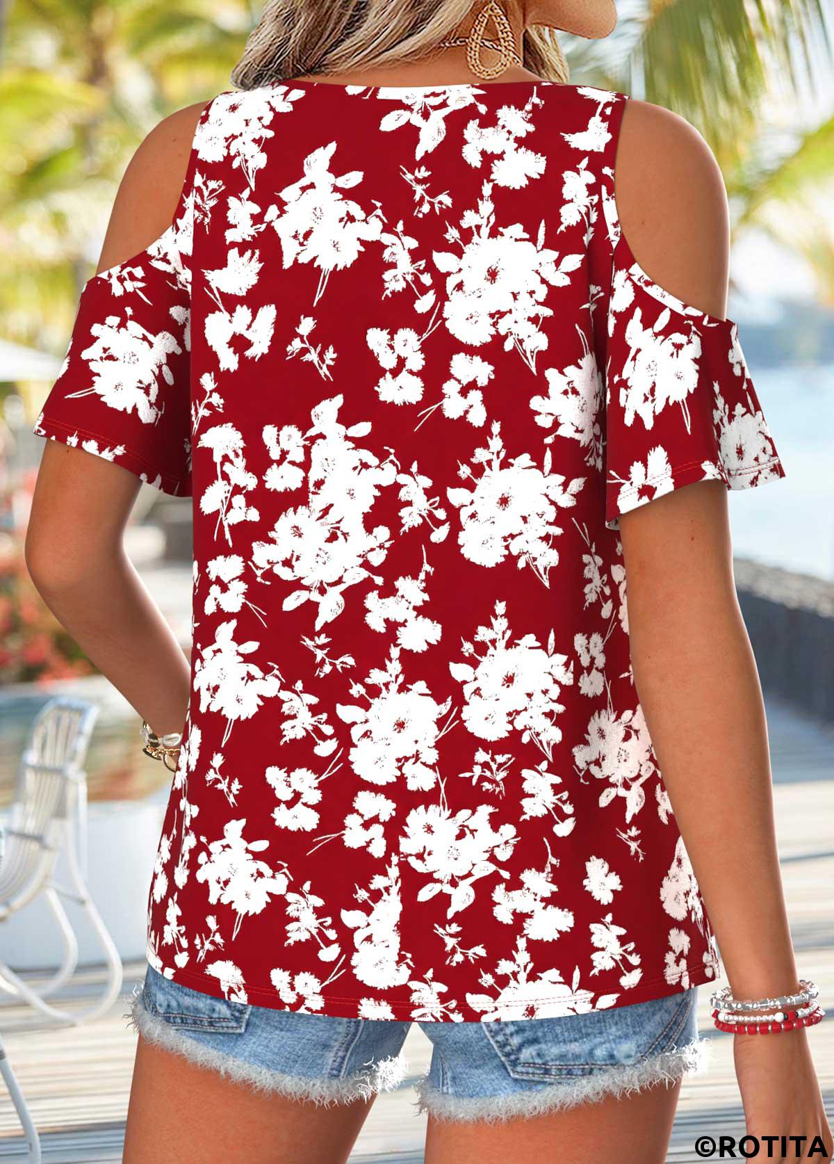 Wine Red tops,Floral tops,Plants tops,ROTITA Twist Floral Print Wine Red V Neck T Shirt