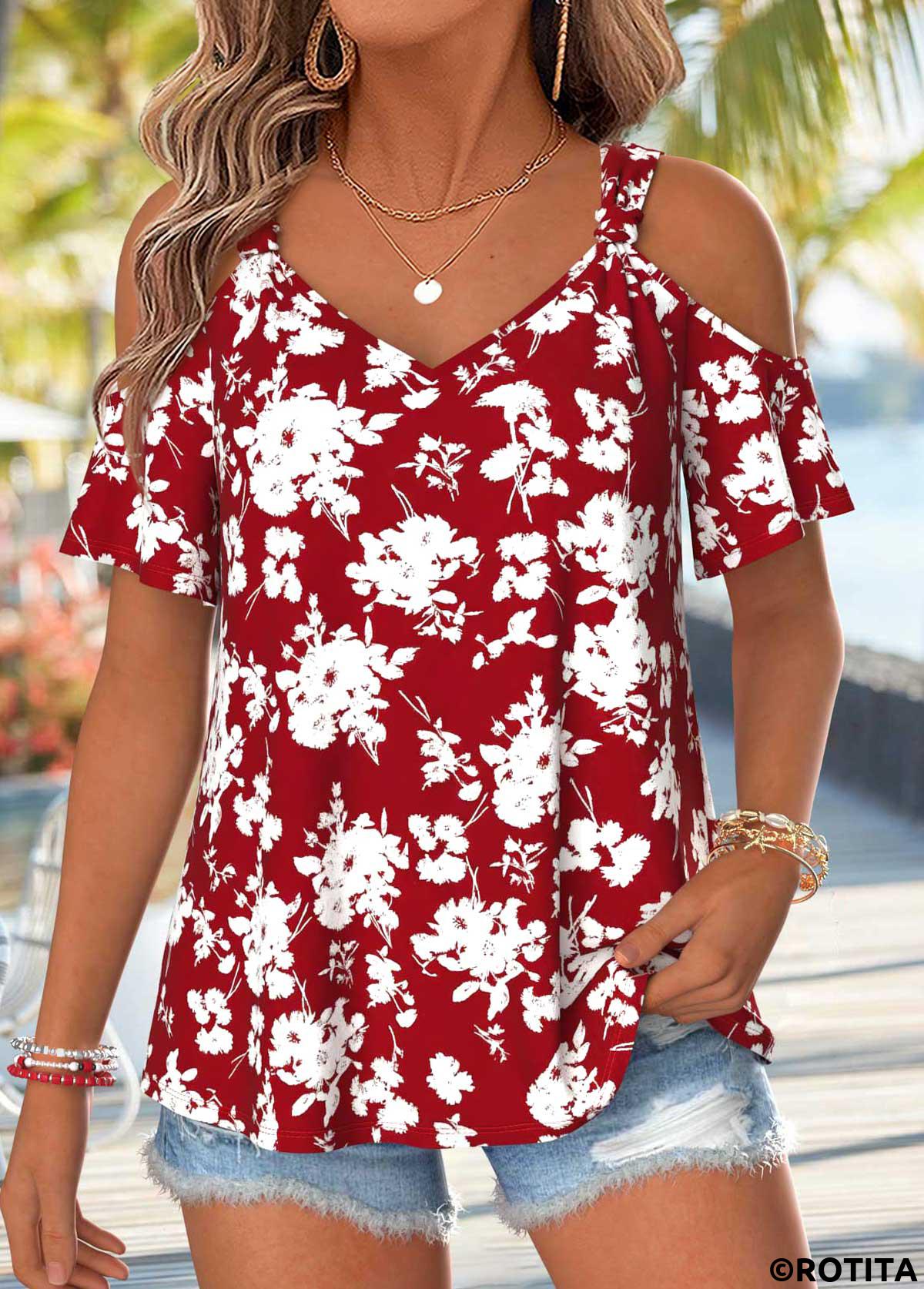 Wine Red tops,Floral tops,Plants tops,ROTITA Twist Floral Print Wine Red V Neck T Shirt