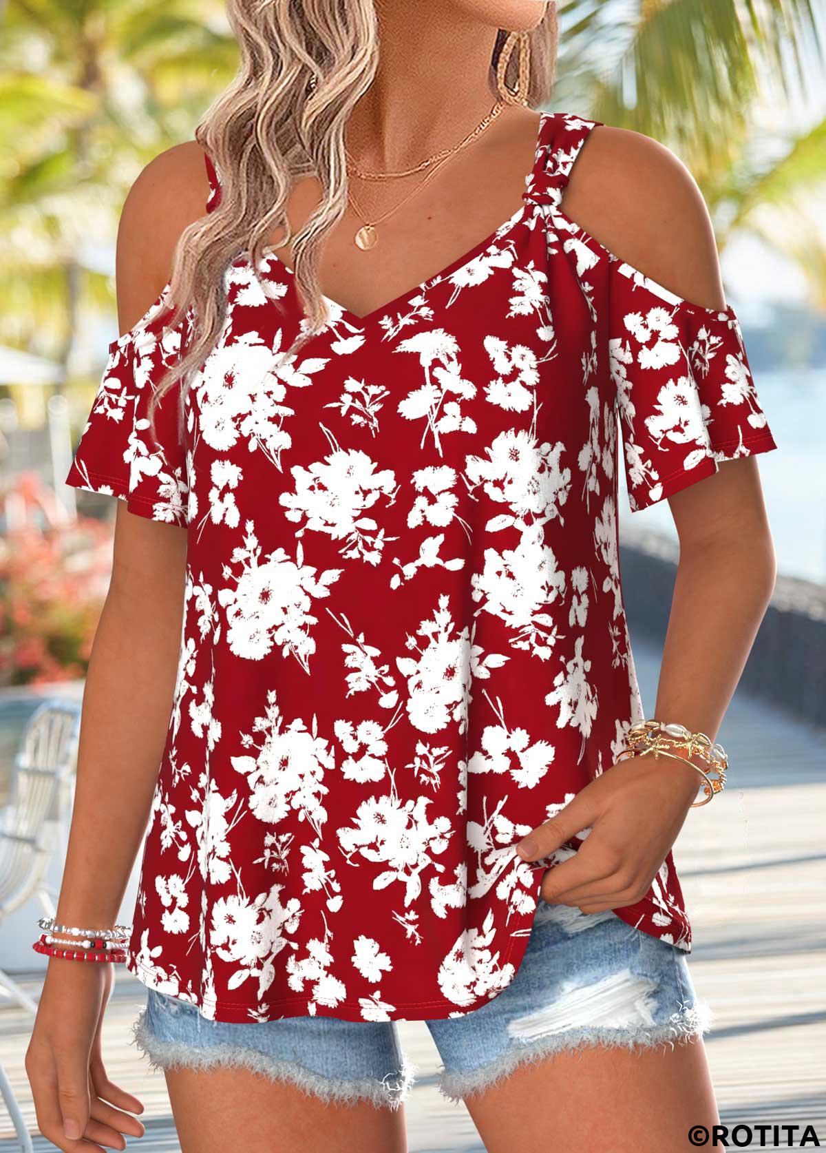 Wine Red tops,Floral tops,Plants tops,ROTITA Twist Floral Print Wine Red V Neck T Shirt