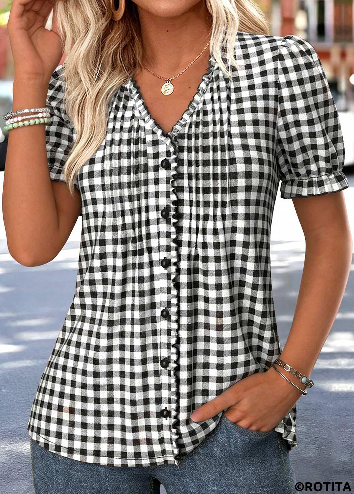 Black tops,Plaid tops,Geometric tops,ROTITA Tummy Coverage Plaid Black V Neck Short Sleeve Blouse