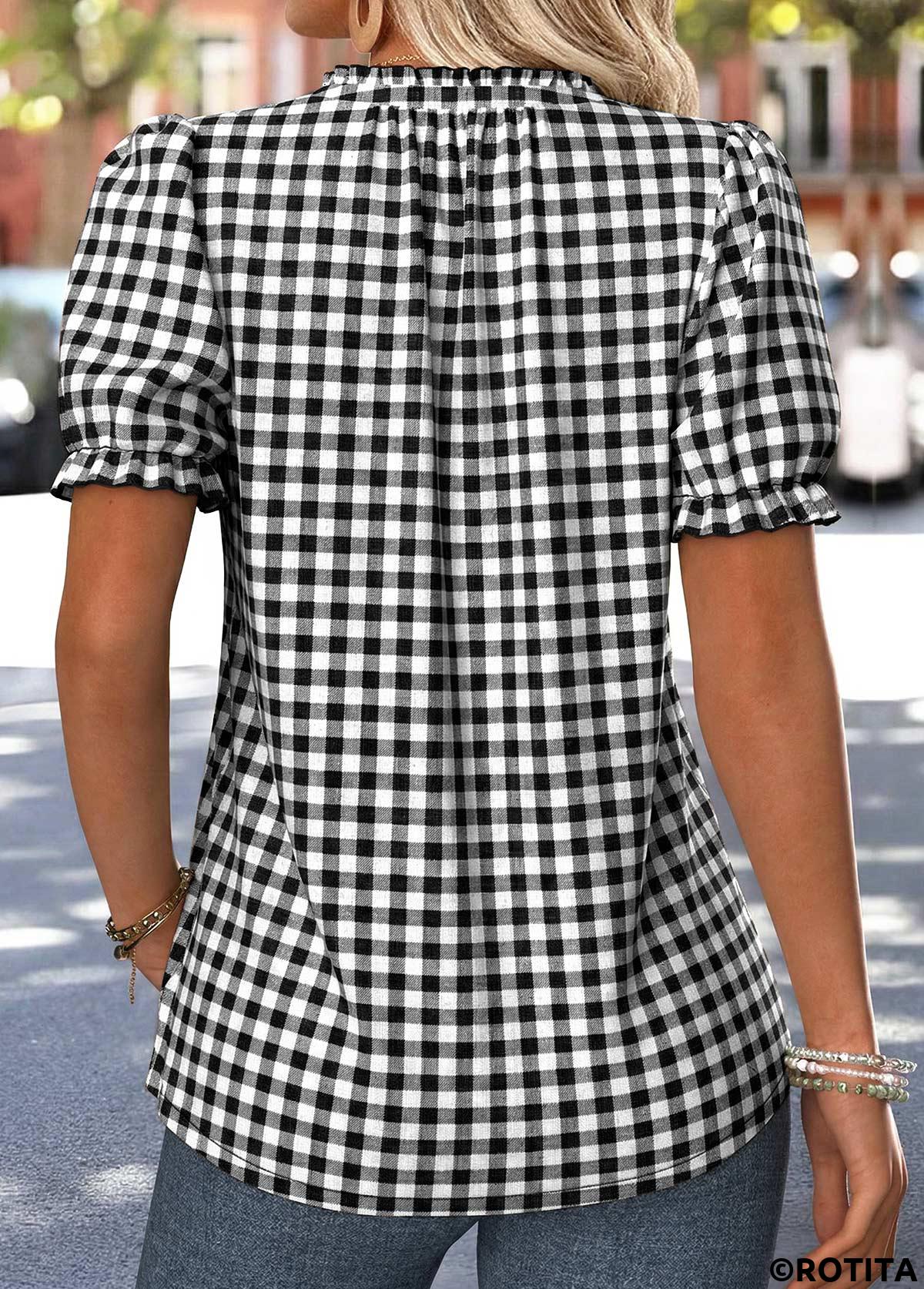 Black tops,Plaid tops,Geometric tops,ROTITA Tummy Coverage Plaid Black V Neck Short Sleeve Blouse