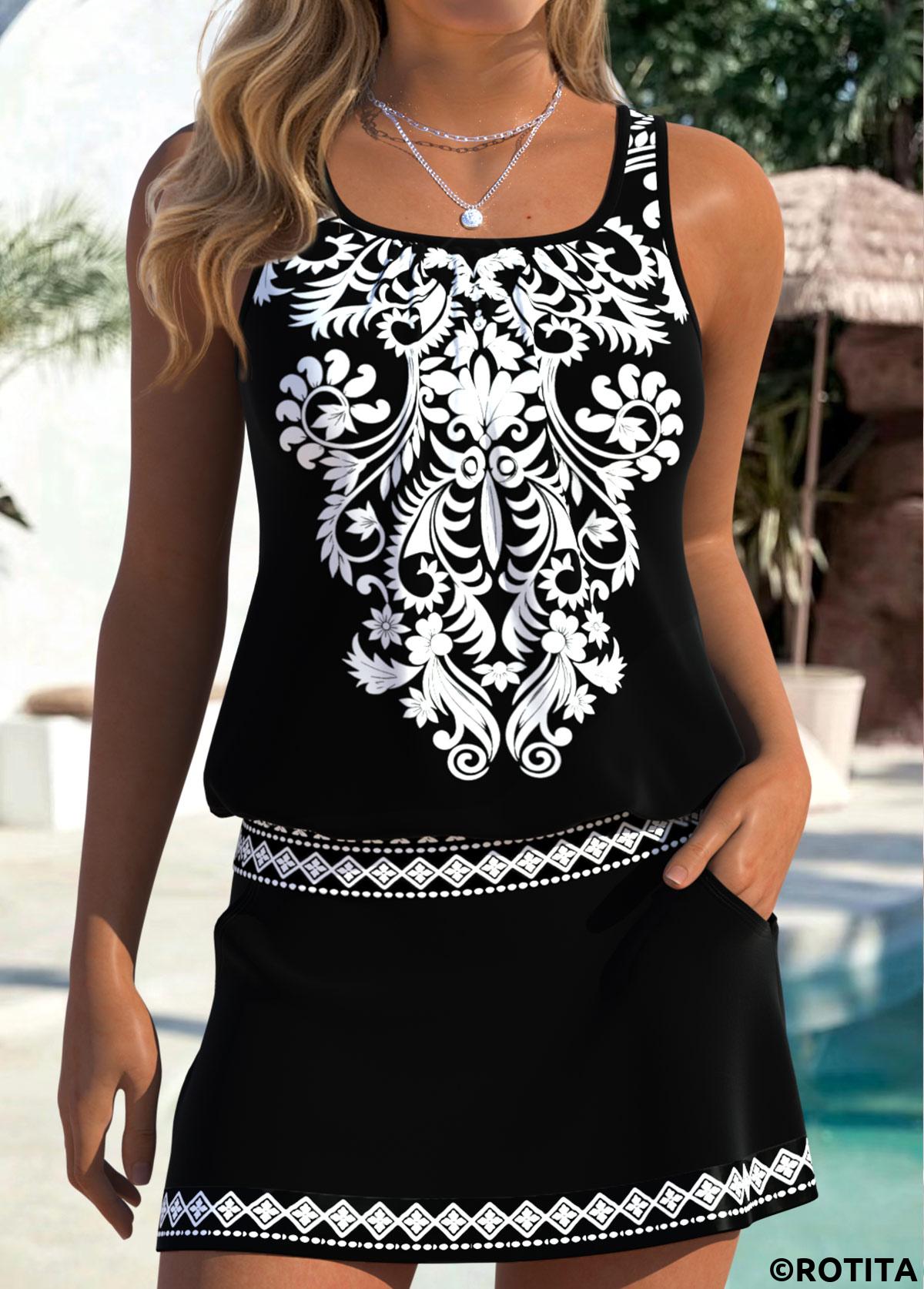 Black swimwear,Tribal swimwear,ROTITA Black Tummy Coverage Tribal Print Mid Waisted Tankini Set