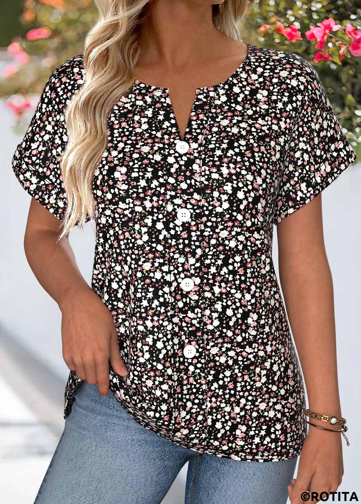 Black tops,Ditsy Floral tops,ROTITA Tummy Coverage Ditsy Floral Print Black Split Neck Blouse