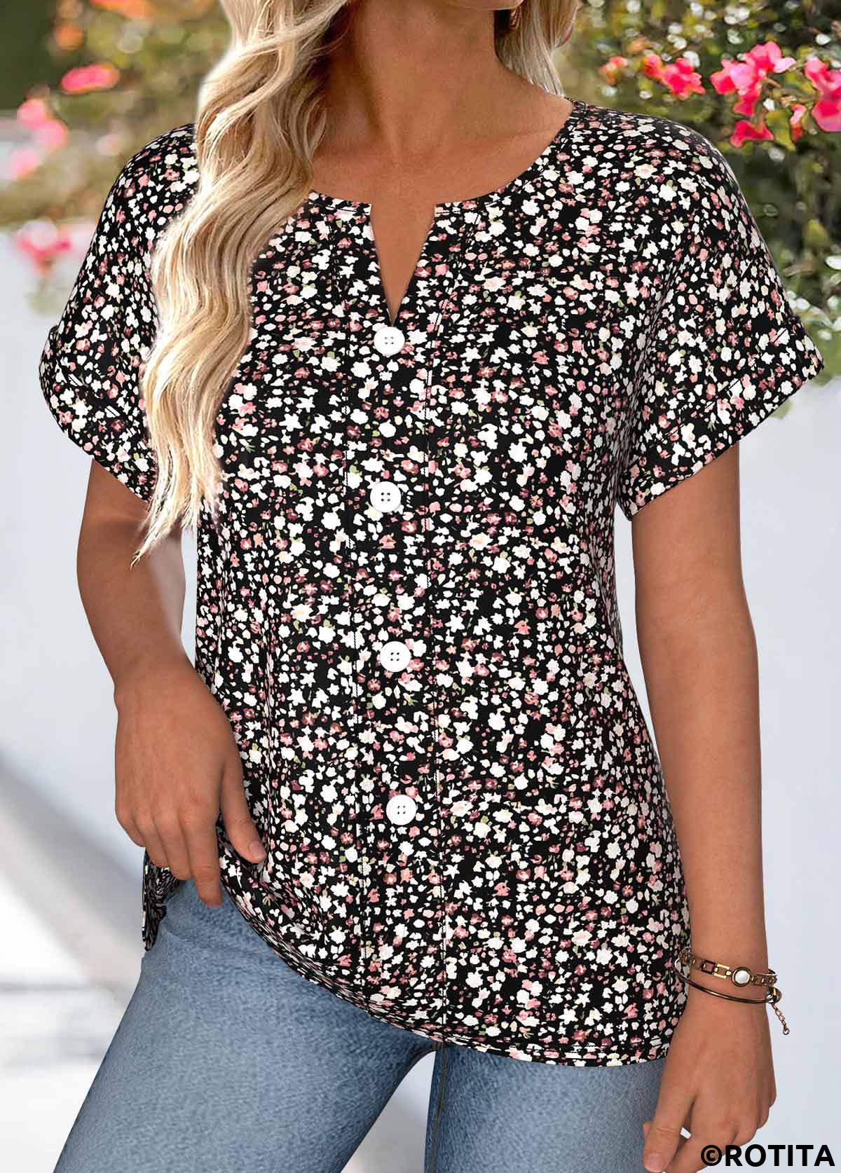 Black tops,Ditsy Floral tops,ROTITA Tummy Coverage Ditsy Floral Print Black Split Neck Blouse