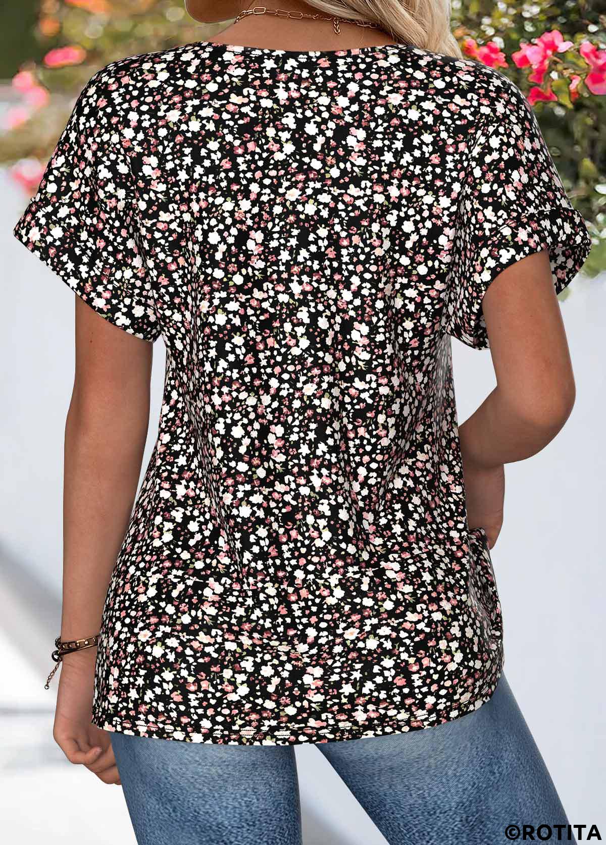 Black tops,Ditsy Floral tops,ROTITA Tummy Coverage Ditsy Floral Print Black Split Neck Blouse