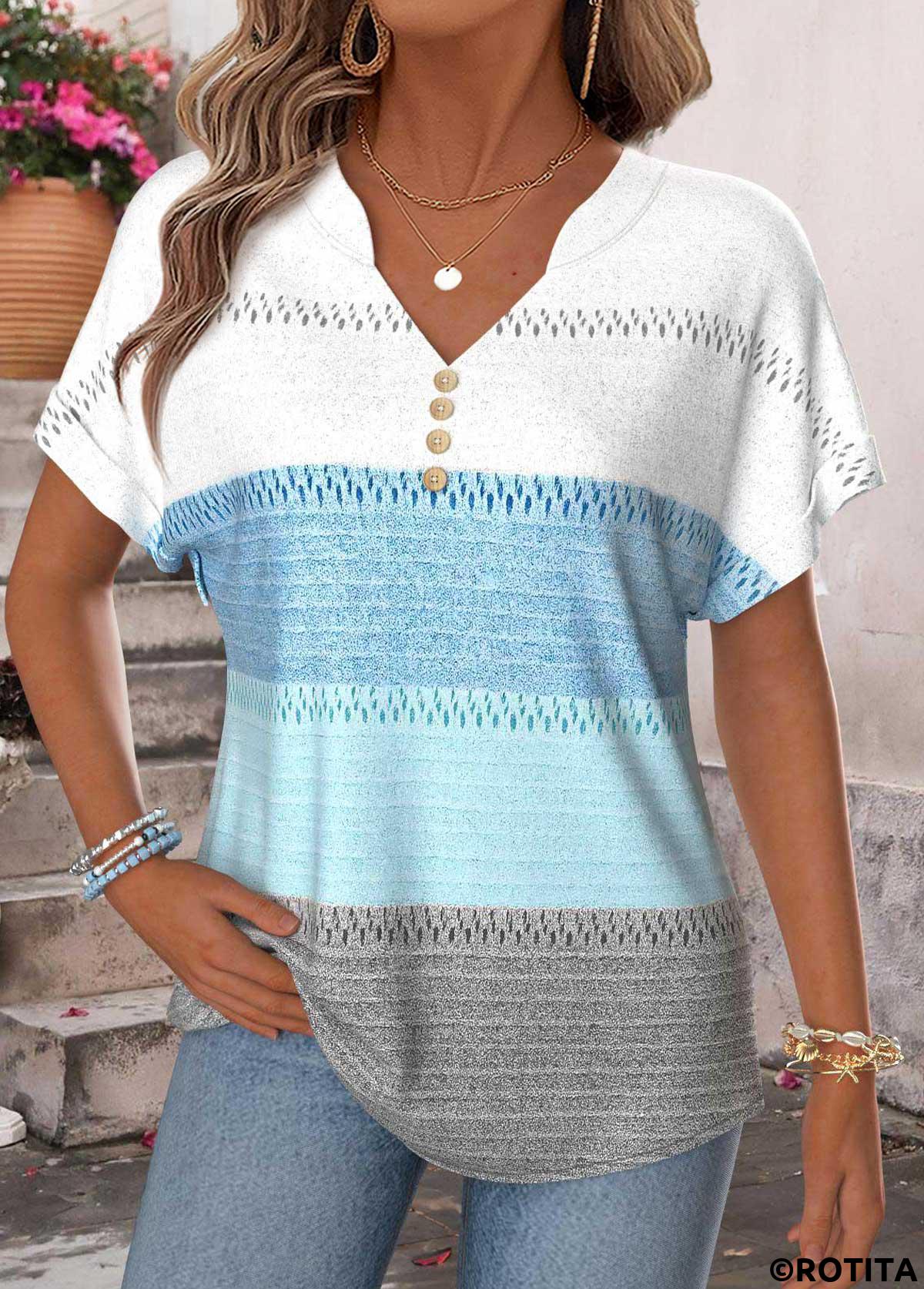 Blue tops,Geometric tops,ROTITA Tummy Coverage Geometric Print Blue T Shirt