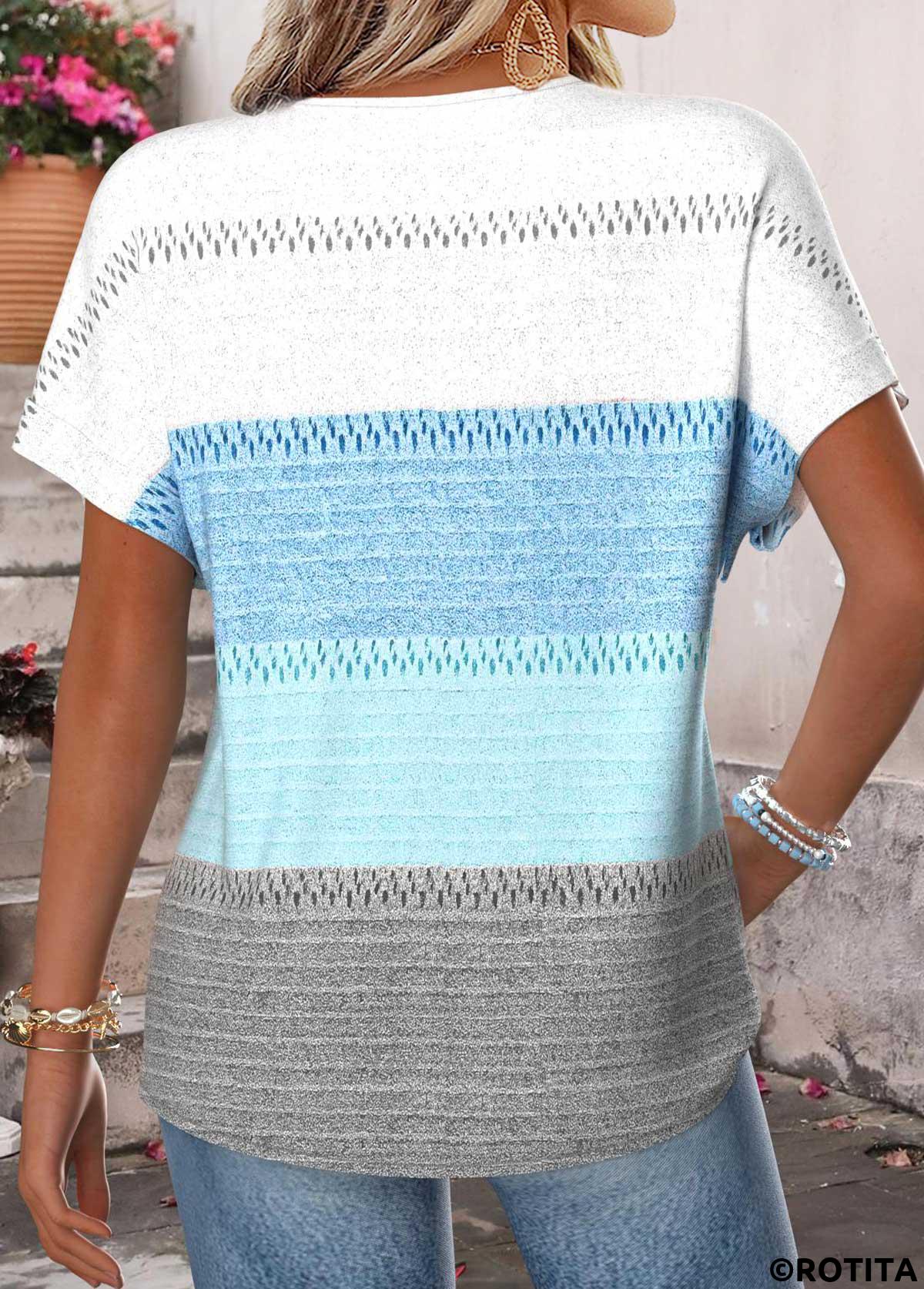 Blue tops,Geometric tops,ROTITA Tummy Coverage Geometric Print Blue T Shirt