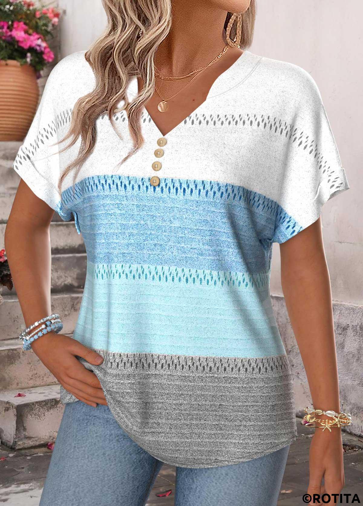 Blue tops,Geometric tops,ROTITA Tummy Coverage Geometric Print Blue T Shirt