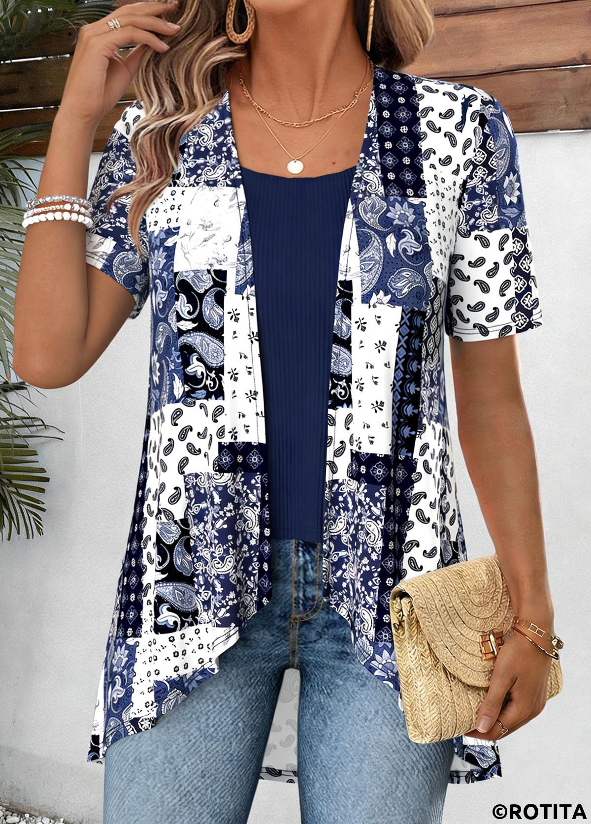 Navy tops,Tribal tops,ROTITA Patchwork Navy Short Sleeve Fake Two Piece Twinset