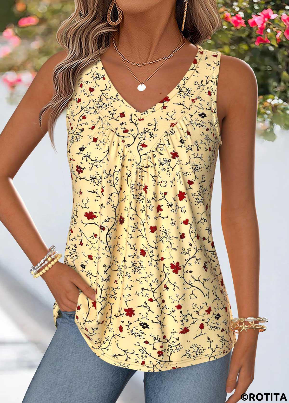 Light Yellow tops,Floral tops,Plants tops,ROTITA Patchwork Floral Print Light Yellow V Neck Tank Top