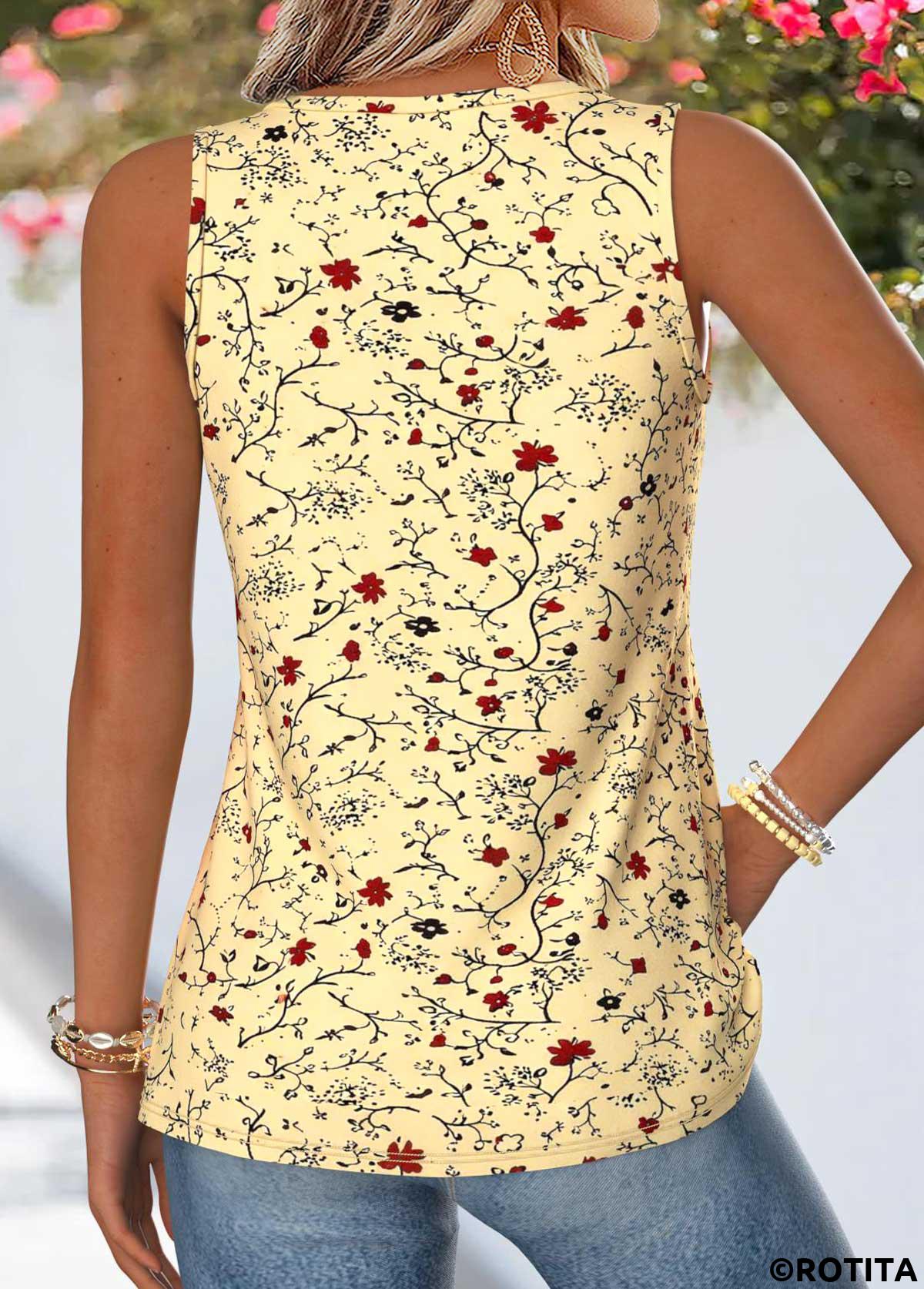 Light Yellow tops,Floral tops,Plants tops,ROTITA Patchwork Floral Print Light Yellow V Neck Tank Top
