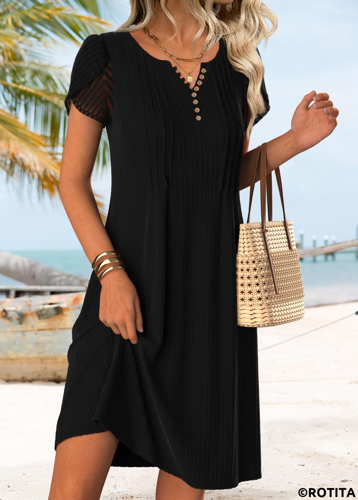 Black dresses,Plain Color dresses,Vacation dresses,Vacation dresses,ROTITA Black Tuck Stitch Short Split Neck Dress