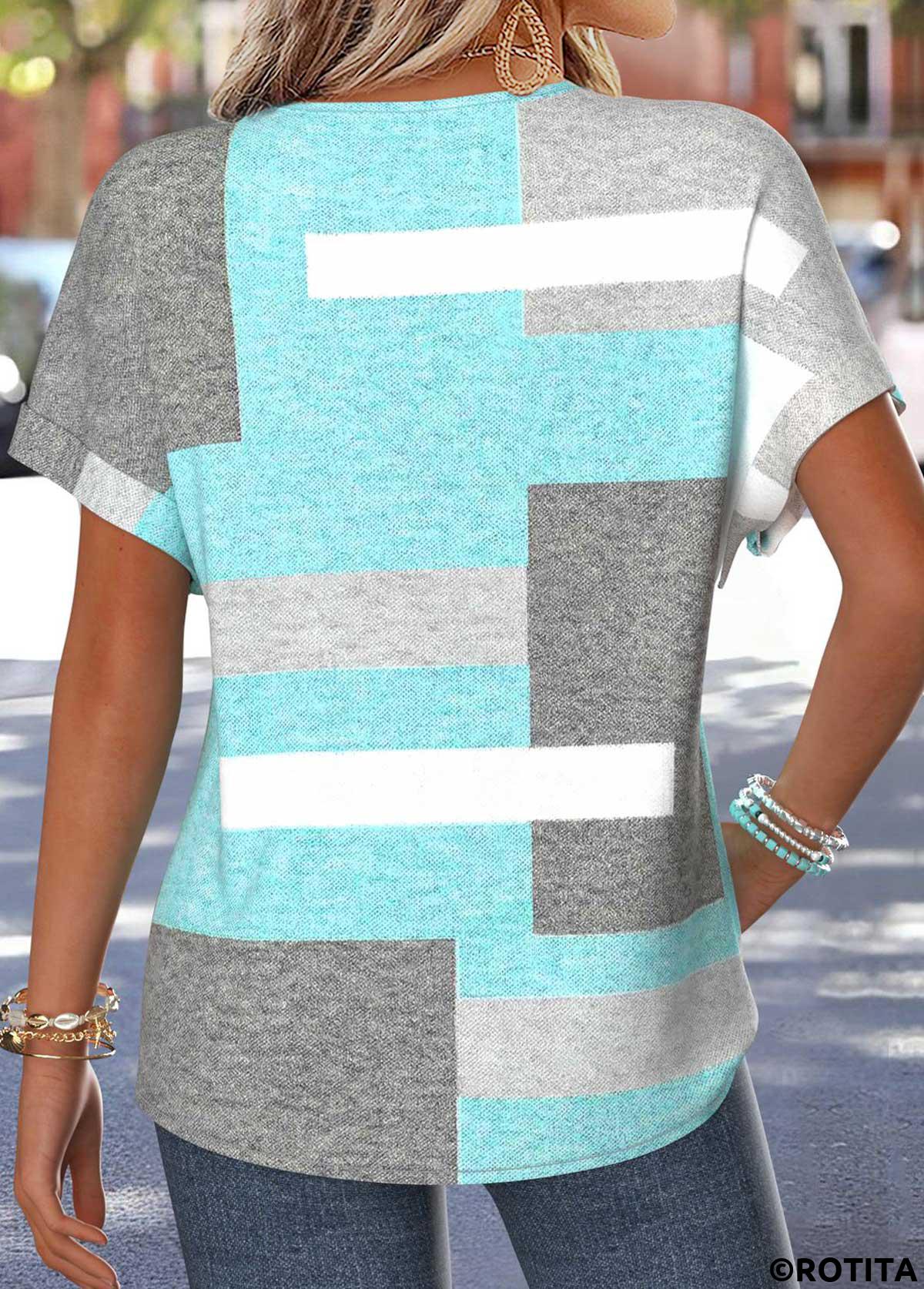 Mint Green tops,Geometric tops,ROTITA Tummy Coverage Geometric Print Mint Green T Shirt