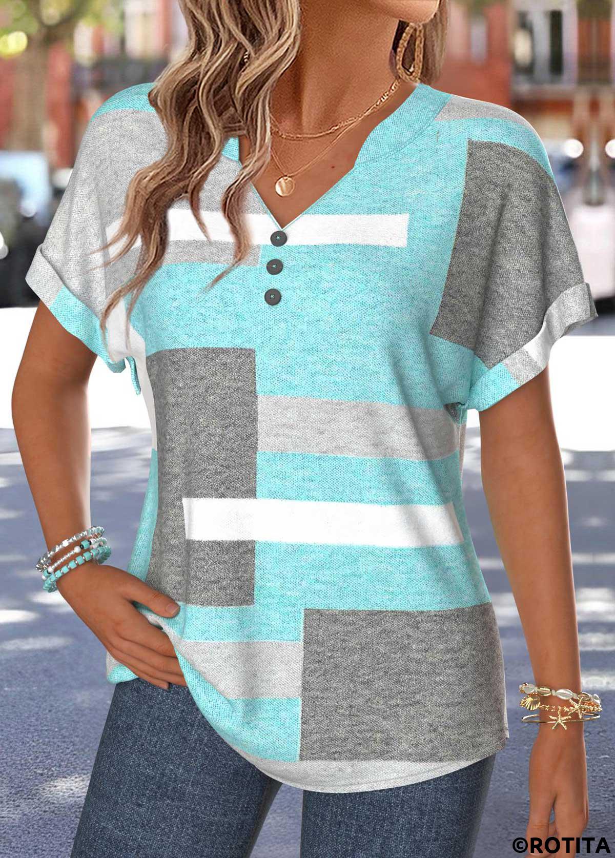 Mint Green tops,Geometric tops,ROTITA Tummy Coverage Geometric Print Mint Green T Shirt