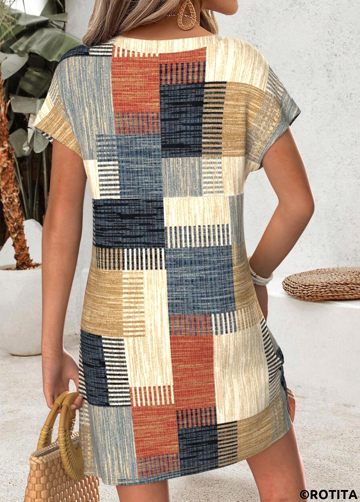 Multi Color dresses,Geometric dresses,Vacation dresses,Vacation dresses,ROTITA Multi Color Geometric Print Tummy Coverage Short Dress