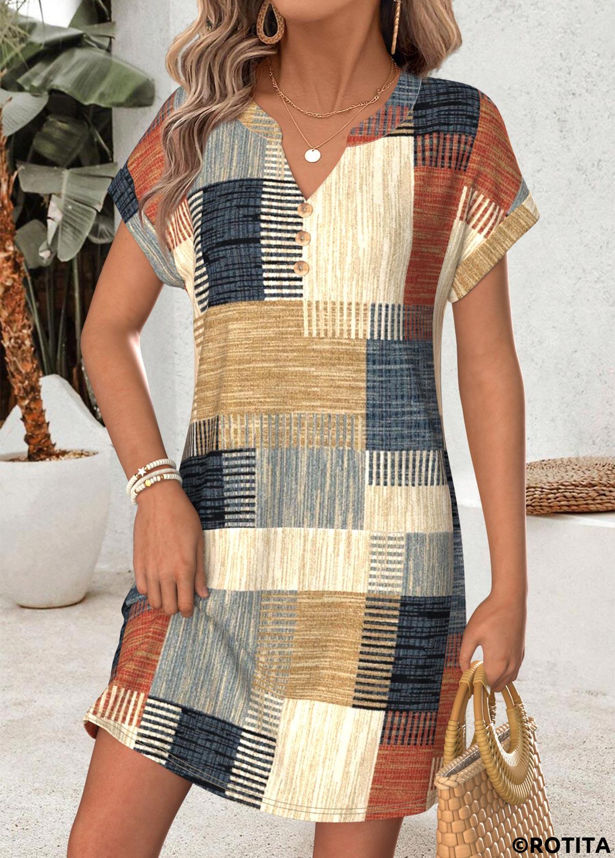 Multi Color dresses,Geometric dresses,Vacation dresses,Vacation dresses,ROTITA Multi Color Geometric Print Tummy Coverage Short Dress