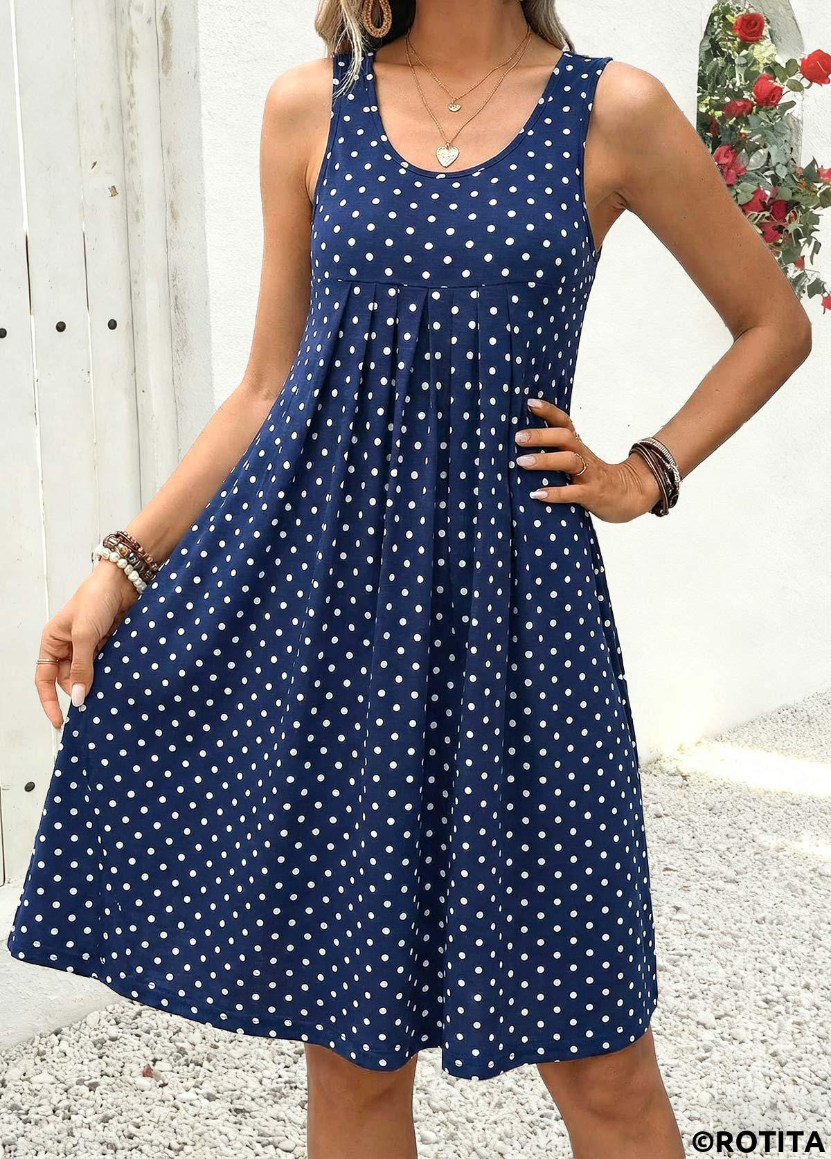 Navy dresses,Dot dresses,Casual dresses,ROTITA Navy Polka Dot Pleated A Line Scoop Neck Dress