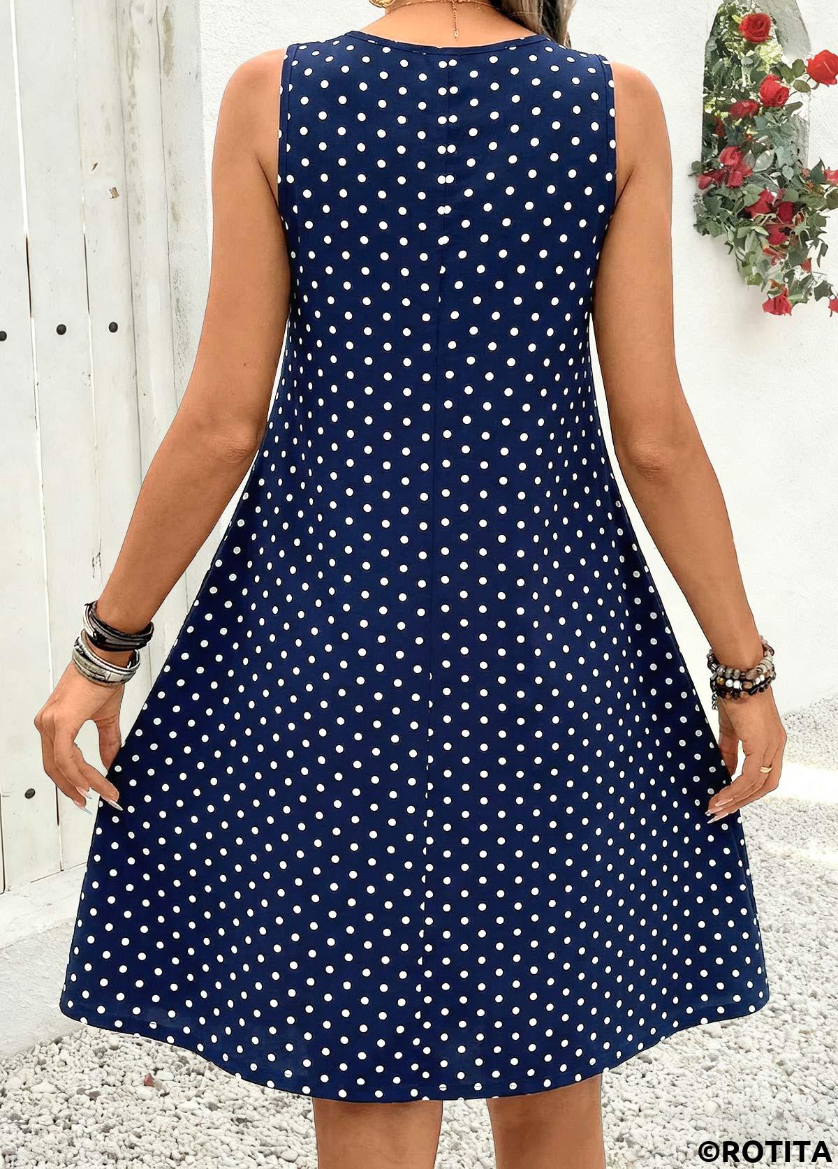 Navy dresses,Dot dresses,Casual dresses,ROTITA Navy Polka Dot Pleated A Line Scoop Neck Dress