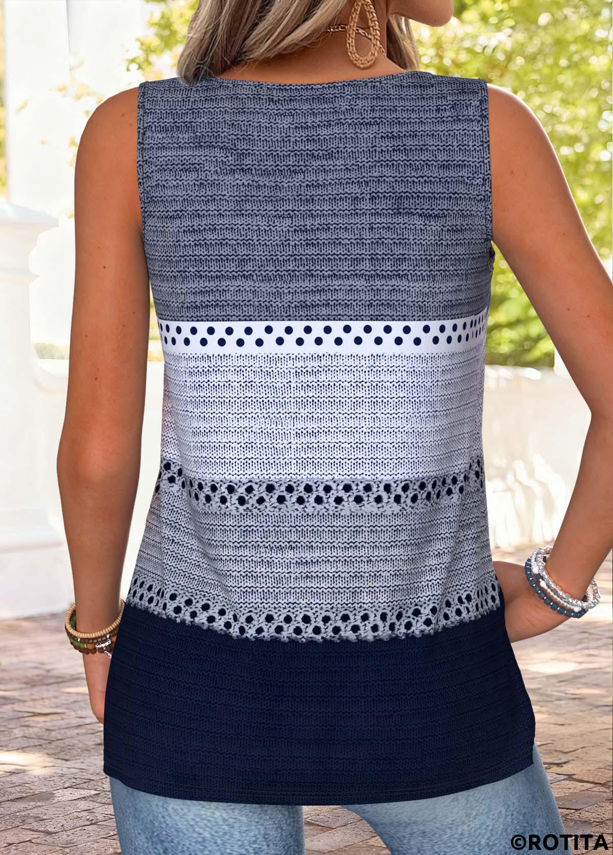 Blue tops,Striped tops,Geometric tops,ROTITA Tie Striped Blue V Neck Sleeveless Tank Top