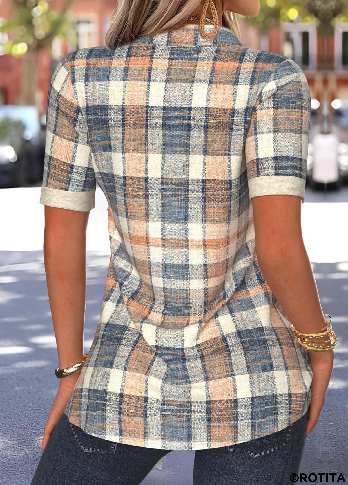 Light Camel tops,Plaid tops,Geometric tops,ROTITA Plaid Light Camel Shirt Collar Fake Two Piece Twinset