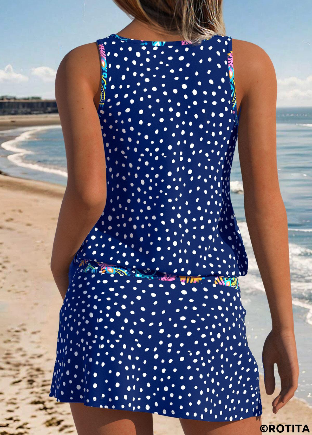 Blue swimwear,Dot swimwear,ROTITA Blue Two-piece Polka Dot Mid Waisted Tankini Set