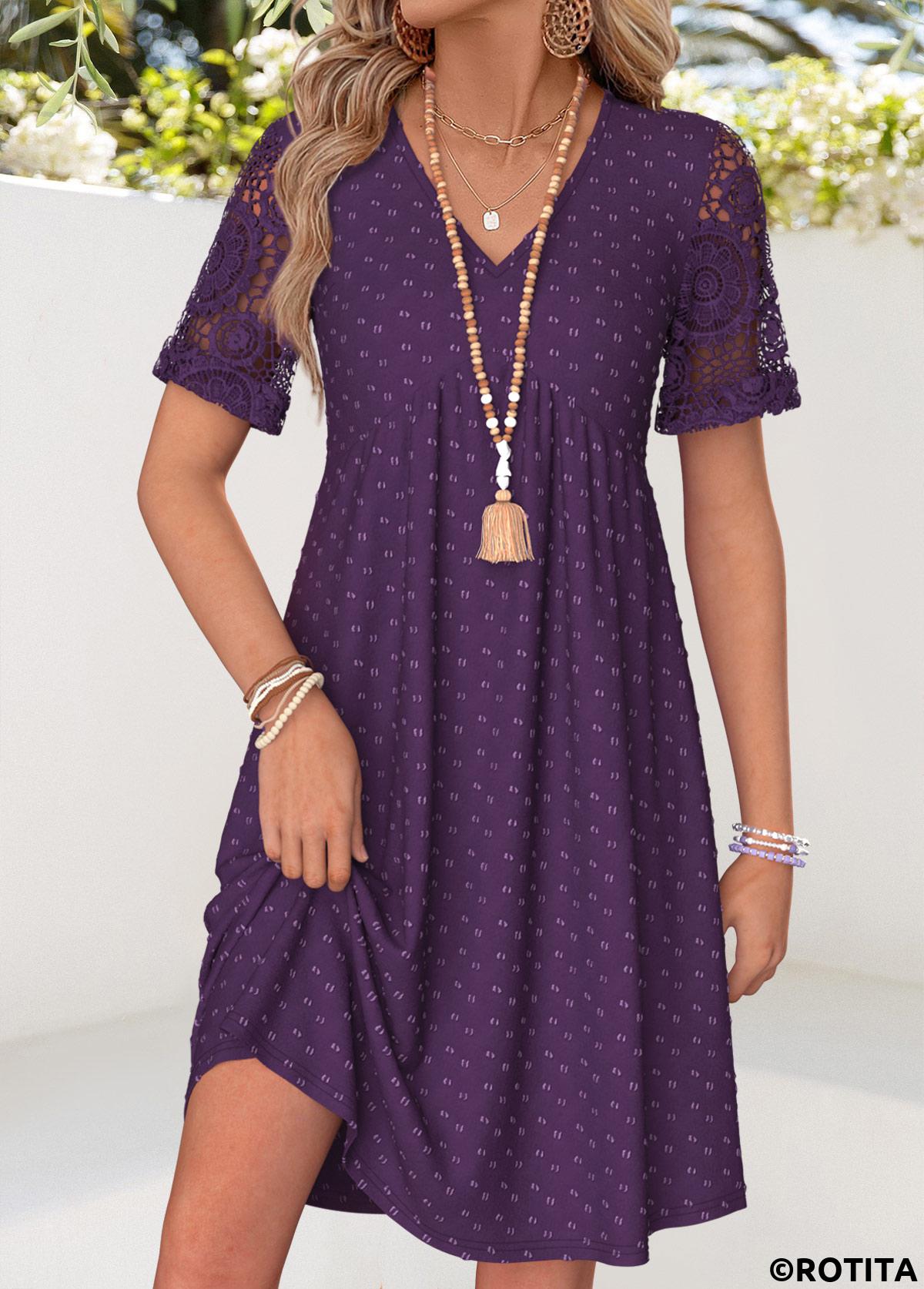 Purple dresses,Plain Color dresses,Everyday dresses,Casual dresses,ROTITA Purple Patchwork Short V Neck Dress