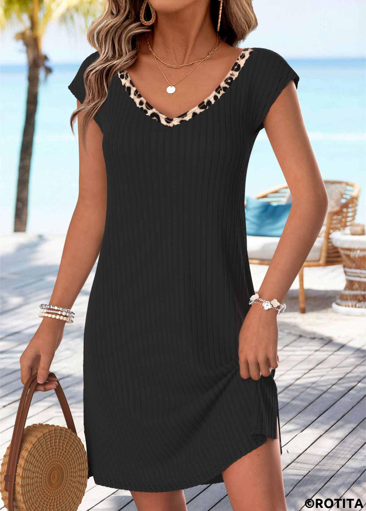Black dresses,Leopard dresses,Animal Print dresses,Vacation dresses,Vacation dresses,ROTITA Black Leopard Bowknot Short V Neck Dress