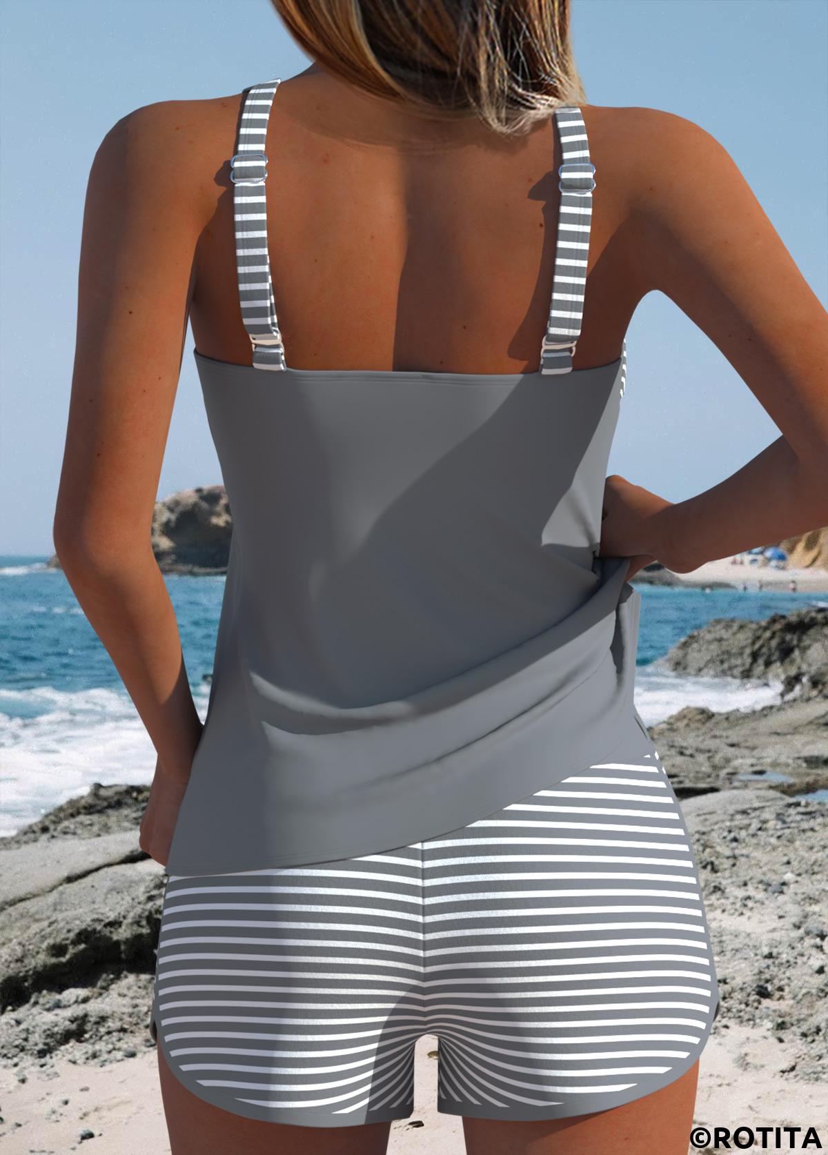 Grey swimwear,Striped swimwear,Geometric swimwear,ROTITA Grey Two-piece Striped Mid Waisted Tankini Set