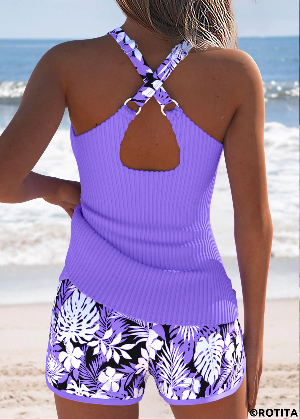 Purple swimwear,Floral swimwear,Plants swimwear,ROTITA Tummy Coverage Purple Floral Print Tankini Set