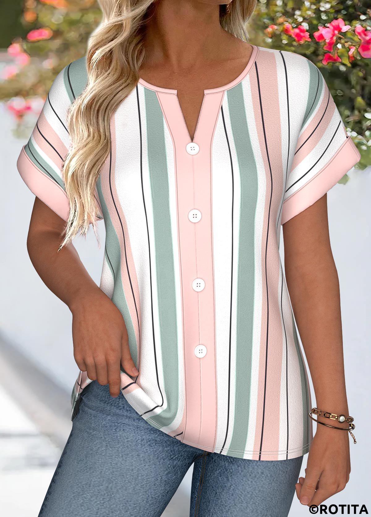 Multi Color tops,Striped tops,Geometric tops,ROTITA Tummy Coverage Striped Multi Color Split Neck Blouse