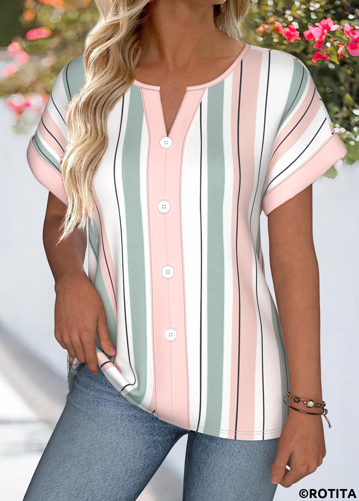 Multi Color tops,Striped tops,Geometric tops,ROTITA Tummy Coverage Striped Multi Color Split Neck Blouse