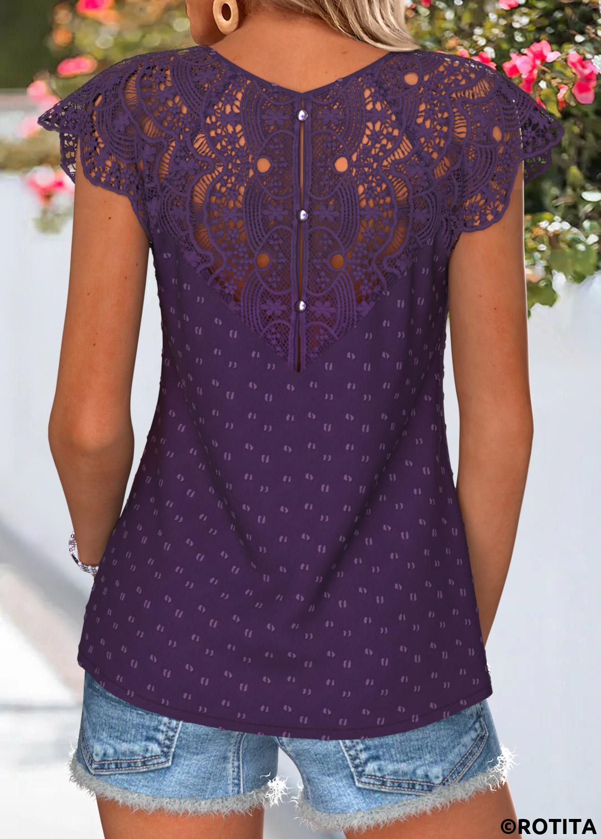 Purple tops,Plain Color tops,ROTITA Curved Hem Purple Split Neck Short Sleeve T Shirt
