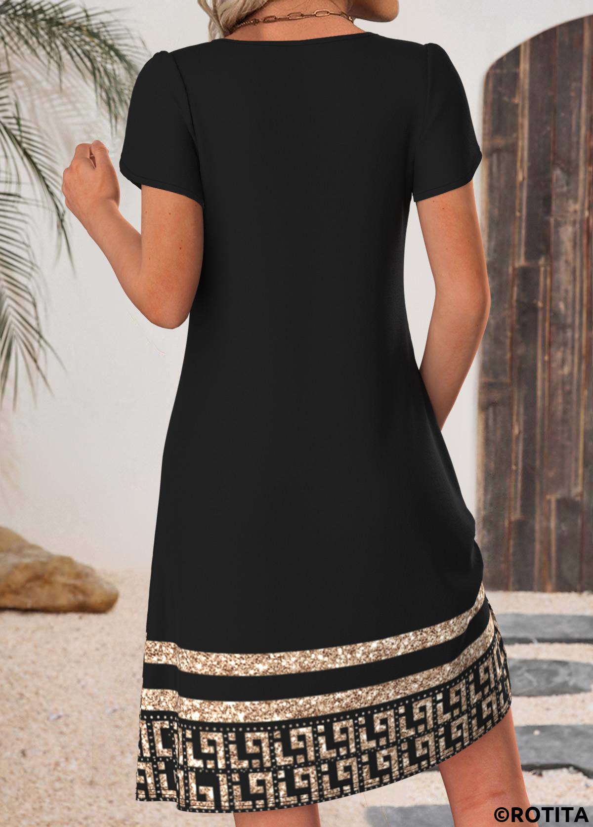 Black dresses,Tribal dresses,Everyday dresses,Casual dresses,ROTITA Black Tribal Print Tuck Stitch Short Split Neck Dress