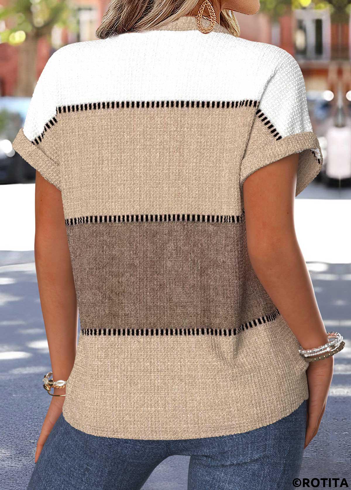 Light Camel tops,Geometric tops,ROTITA Tummy Coverage Geometric Print Light Camel Split Neck Blouse