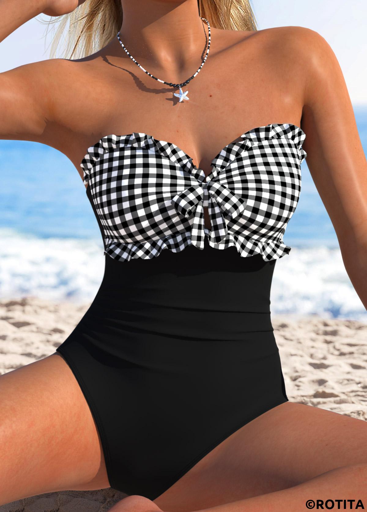 Black swimwear,Plaid swimwear,Geometric swimwear,ROTITA Black Cut Out Gingham Print One Piece Swimwear