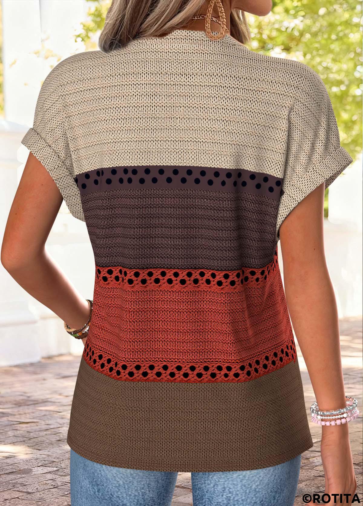 Multi Color tops,Striped tops,Geometric tops,ROTITA Striped Multi Color Split Neck Short Sleeve T Shirt
