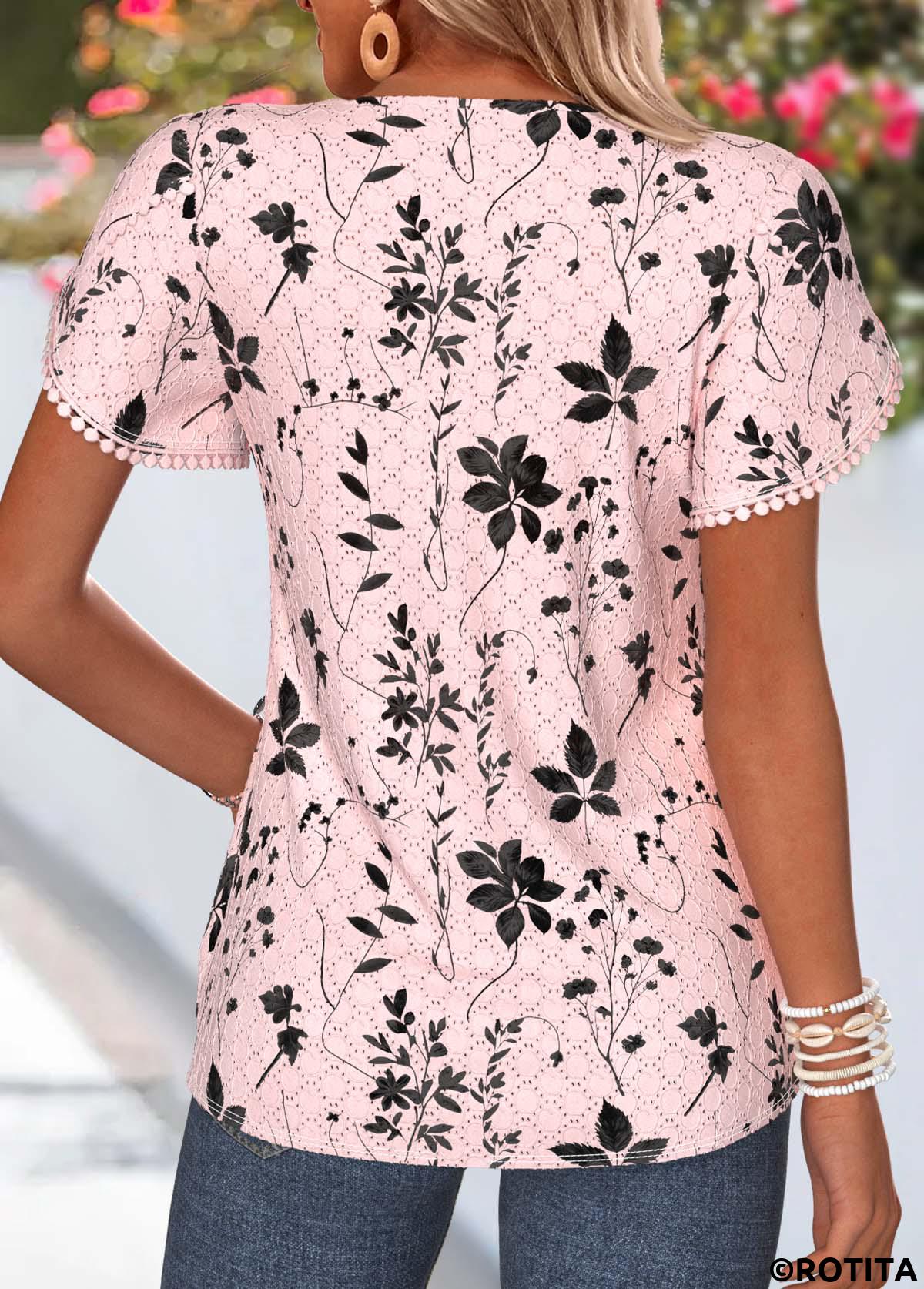 Light Pink tops,Floral tops,Plants tops,ROTITA Tummy Coverage Floral Print Light Pink Split Neck T Shirt