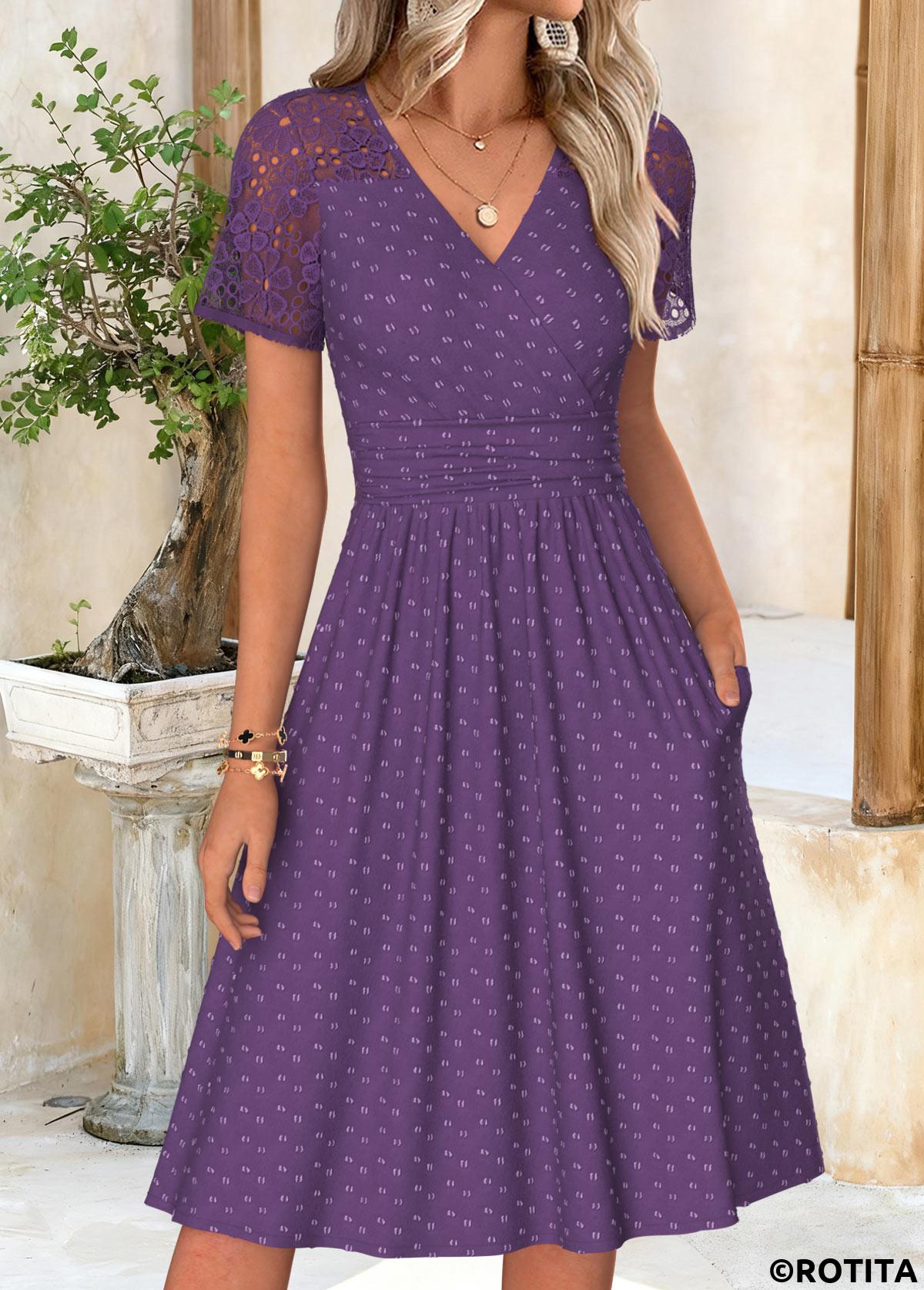 Purple dresses,Plain Color dresses,Everyday dresses,Casual dresses,ROTITA Purple Surplice V Neck Short Sleeve Dress