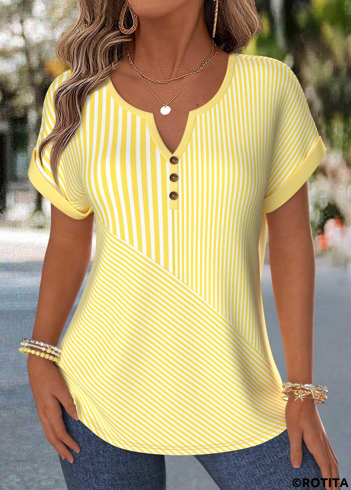 Yellow tops,Geometric tops,ROTITA Tummy Coverage Geometric Print Yellow Split Neck Blouse