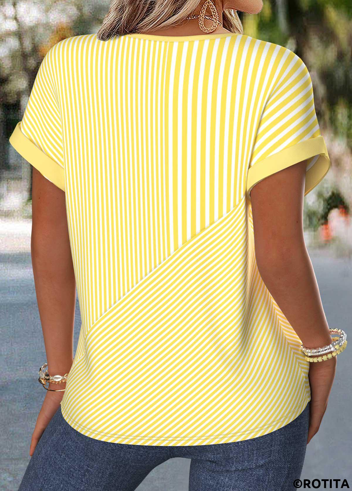 Yellow tops,Geometric tops,ROTITA Tummy Coverage Geometric Print Yellow Split Neck Blouse
