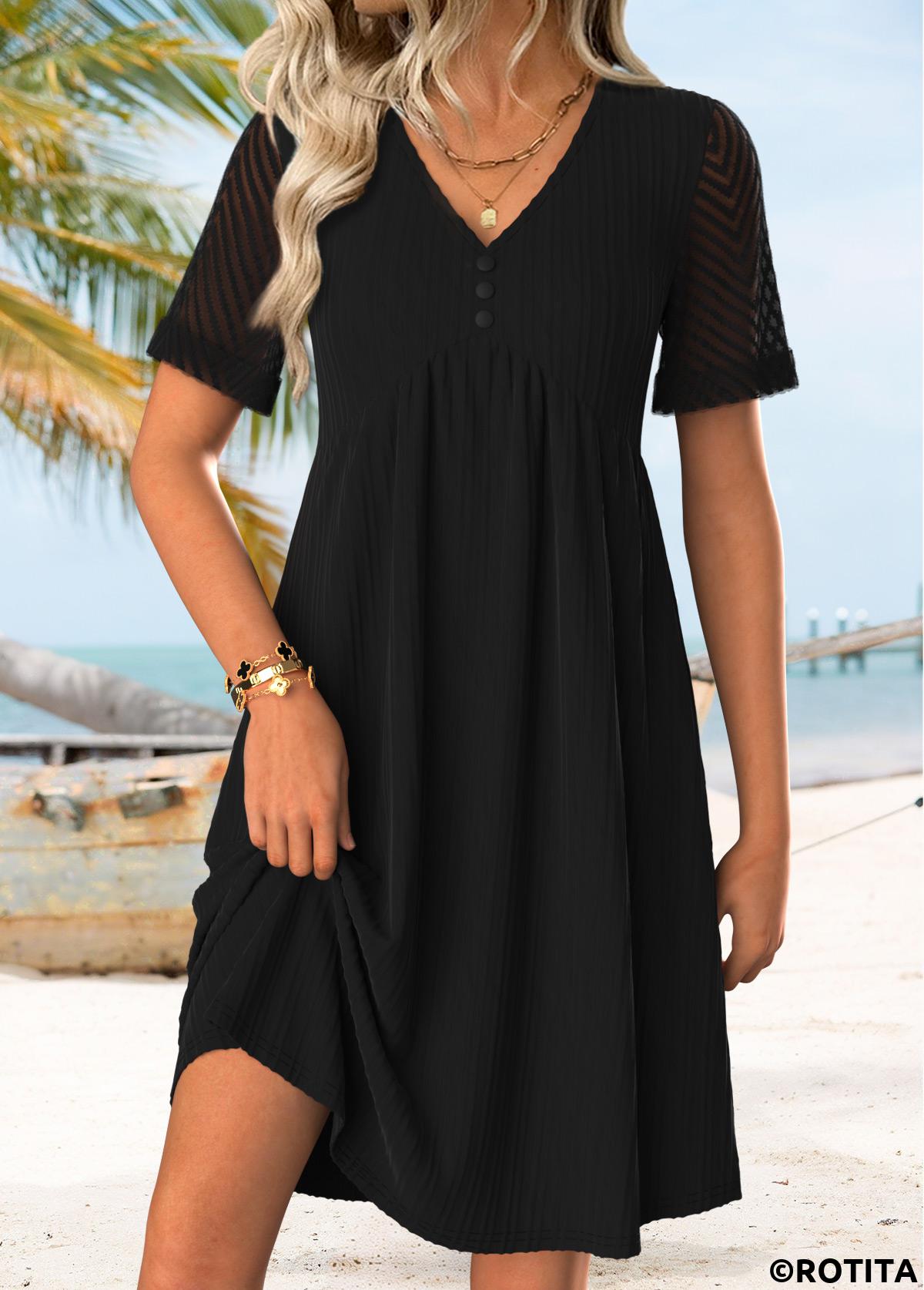 Black dresses,Plain Color dresses,Everyday dresses,Casual dresses,ROTITA Black Shirred Short V Neck Dress