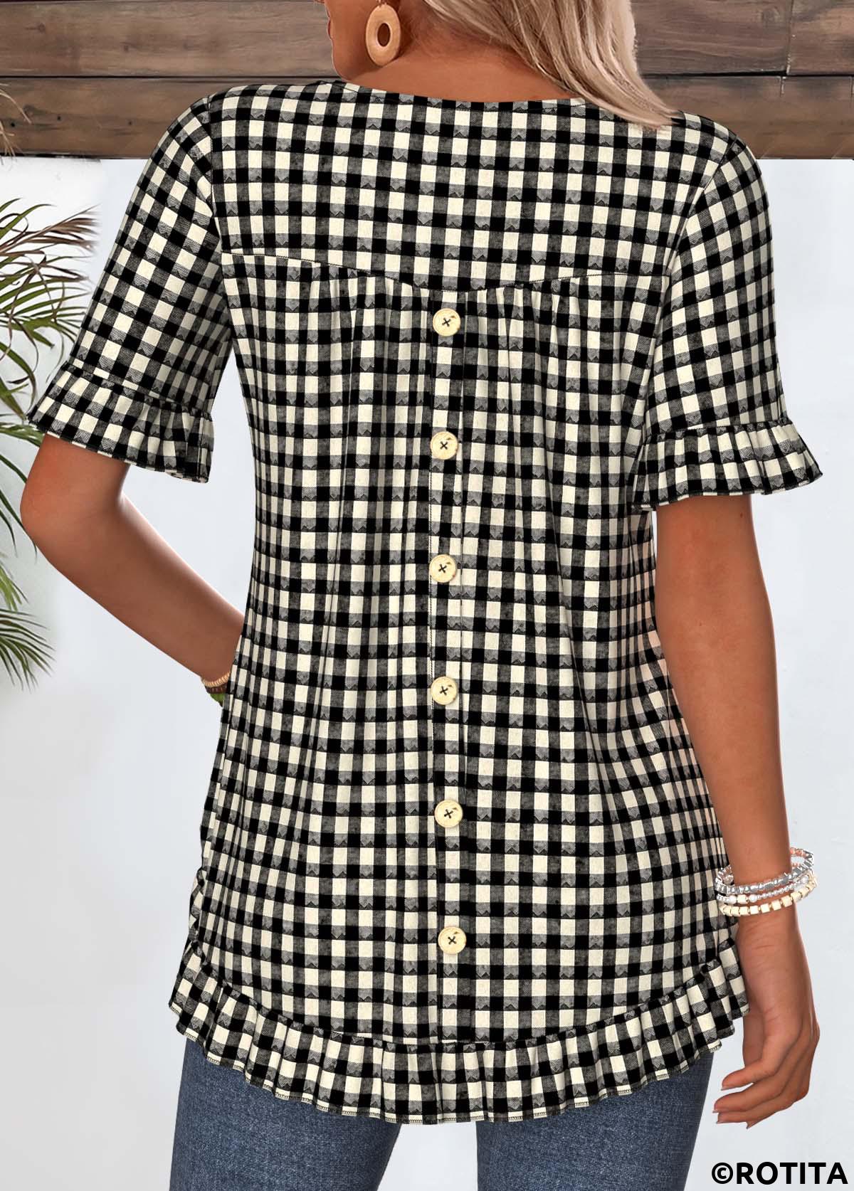Black tops,Plaid tops,Geometric tops,ROTITA Frill Plaid Black Round Neck Short Sleeve T Shirt