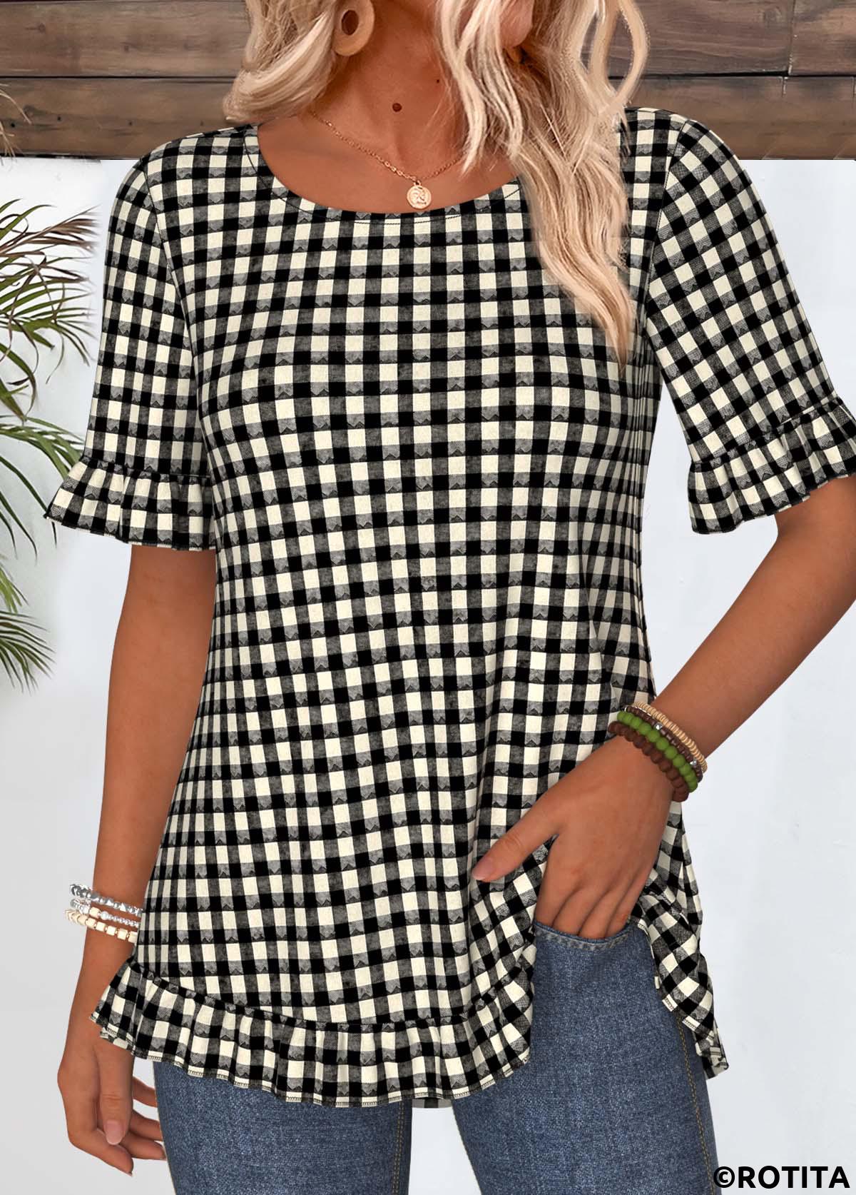 Black tops,Plaid tops,Geometric tops,ROTITA Frill Plaid Black Round Neck Short Sleeve T Shirt