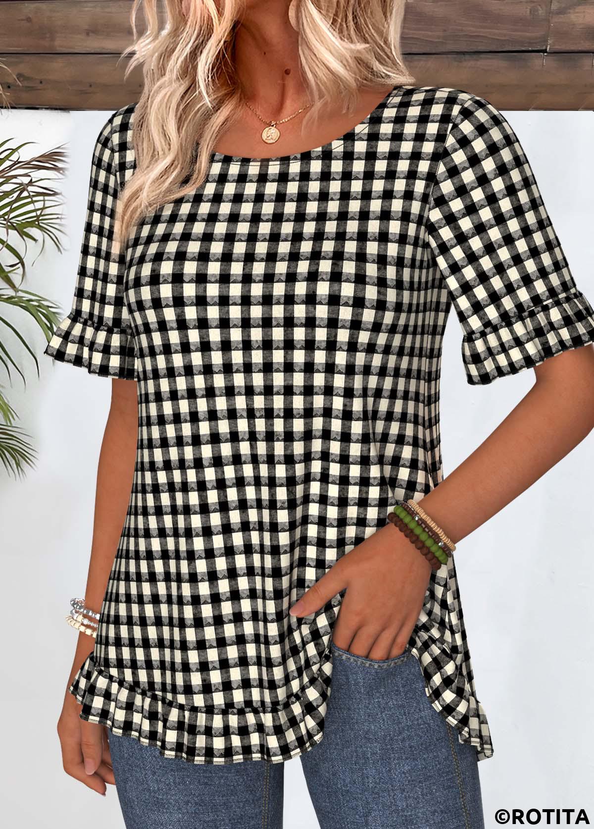 Black tops,Plaid tops,Geometric tops,ROTITA Frill Plaid Black Round Neck Short Sleeve T Shirt